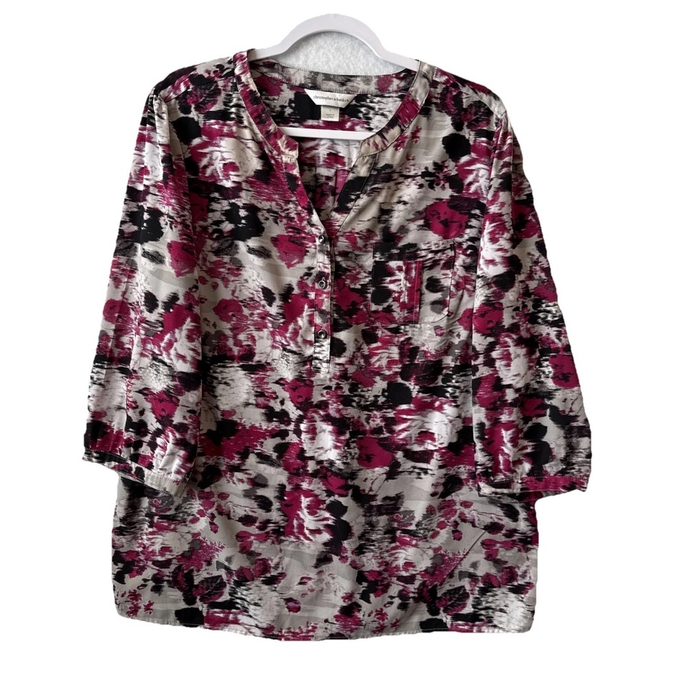 Christopher & Banks Pink Floral Split V Tunic Blouse L‎ Boho Chic Watercolor Art